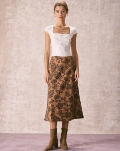 The Brown High Waist Floral Suede Midi Skirt -Outlet Dress Mix Up Store the brown floral suede midi skirt bottoms jewwfd