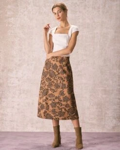 The Brown High Waist Floral Suede Midi Skirt -Outlet Dress Mix Up Store the brown floral suede midi skirt bottoms umtypr