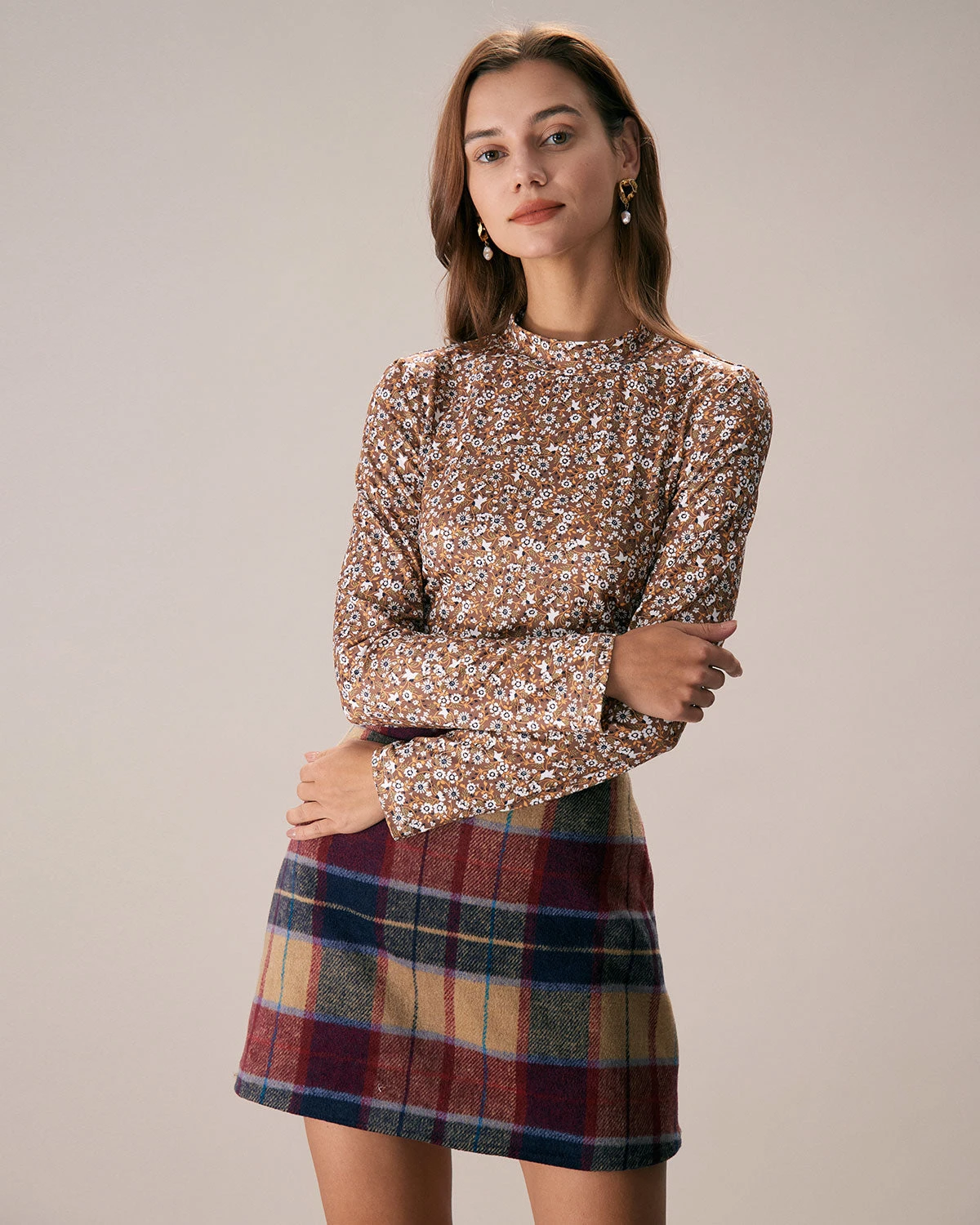 The Brown Mock Neck Floral Daisy Print Tee 1 The Brown Mock Neck Floral Daisy Print Tee