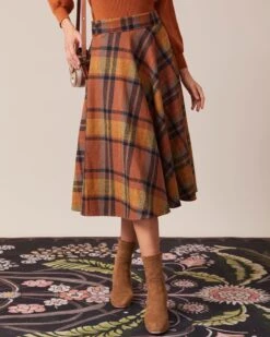 The Brown High Waisted Plaid A-Line Midi Skirt