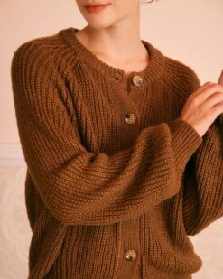 The Brown Round Neck Ribbed Knit Cardigan -Outlet Dress Mix Up Store the brown round neck sweater cardigan tops 8vgfmu