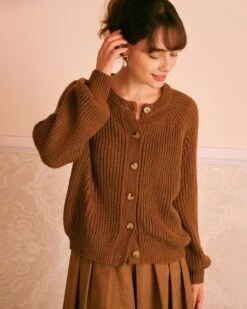 The Brown Round Neck Ribbed Knit Cardigan -Outlet Dress Mix Up Store the brown round neck sweater cardigan tops gwlznx