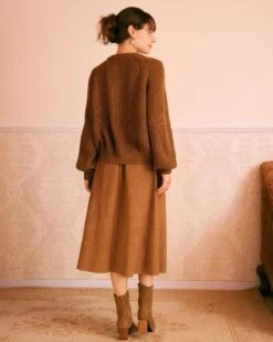 The Brown Round Neck Ribbed Knit Cardigan -Outlet Dress Mix Up Store the brown round neck sweater cardigan tops iohoul