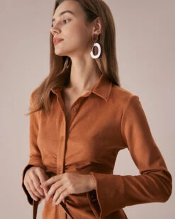 The Brown Lapel Flare Sleeve Suede Midi Dress -Outlet Dress Mix Up Store the brown ruched suede midi dress dresses 8exa1y