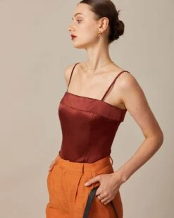 The Brown Zipper Back Satin Cami Top -Outlet Dress Mix Up Store the brown satin solid cami top tops nlyoao 365991