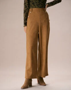 The Brown High Waisted Suede Straight Pants -Outlet Dress Mix Up Store the brown suede button straight pants bottoms a7nh9k