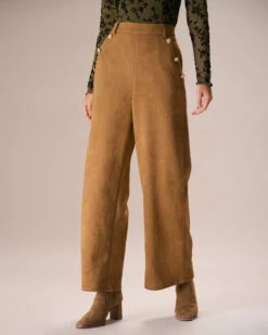 The Brown High Waisted Suede Straight Pants -Outlet Dress Mix Up Store the brown suede button straight pants bottoms o84k40