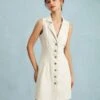 The Beige Lapel Button-up Sleeveless Mini Dress