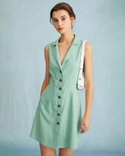 The Green Lapel Button-up Sleeveless Mini Dress -Outlet Dress Mix Up Store the button front vest mini dress dresses hisljc 634625