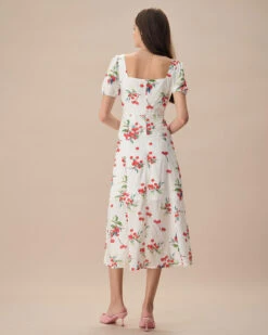 The White Puff Sleeve Cherry Split Midi Dress -Outlet Dress Mix Up Store the cherry tie side split midi dress dresses btkd2x