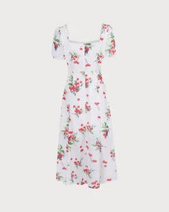 The White Puff Sleeve Cherry Split Midi Dress -Outlet Dress Mix Up Store the cherry tie side split midi dress dresses uygp1s