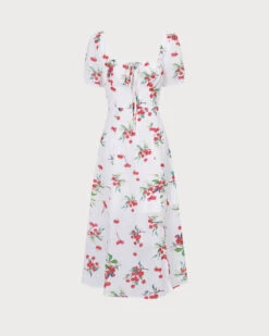 The White Puff Sleeve Cherry Split Midi Dress -Outlet Dress Mix Up Store the cherry tie side split midi dress print dresses acy3t4