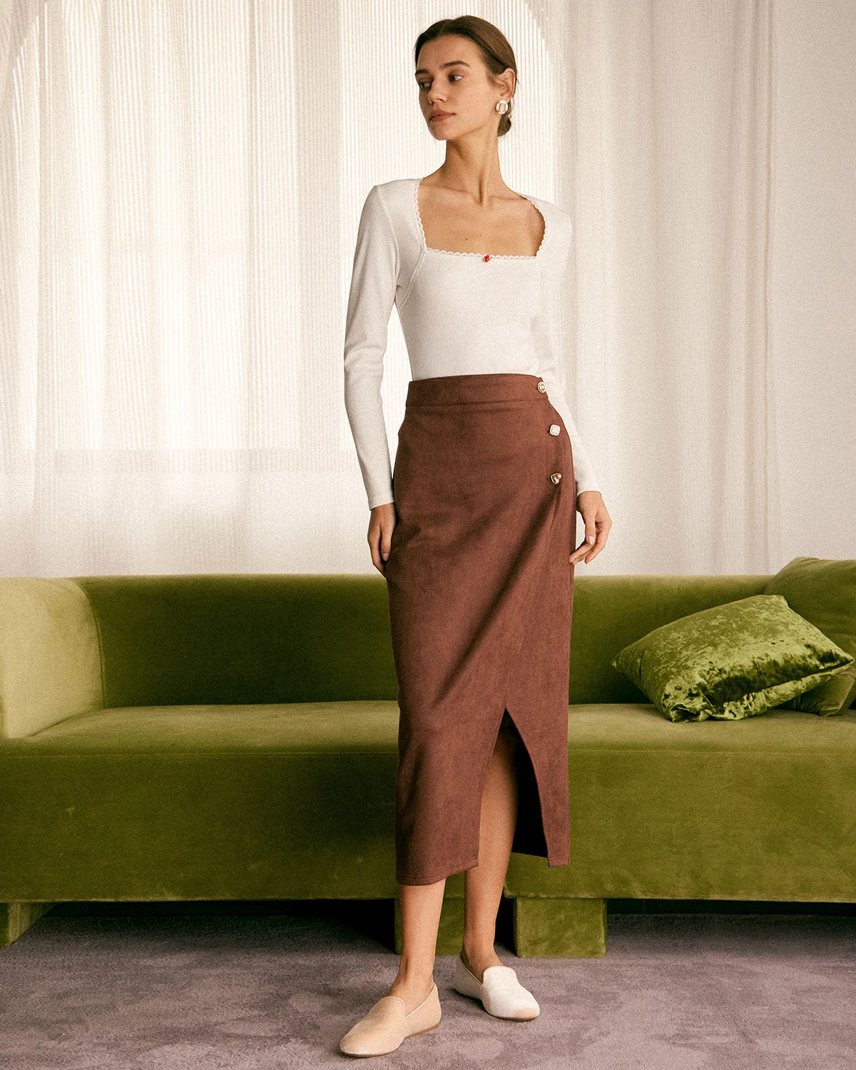 The Coffee High Waisted Suede Slit Midi Skirt 4 The Coffee High Waisted Suede Slit Midi Skirt - Image 4