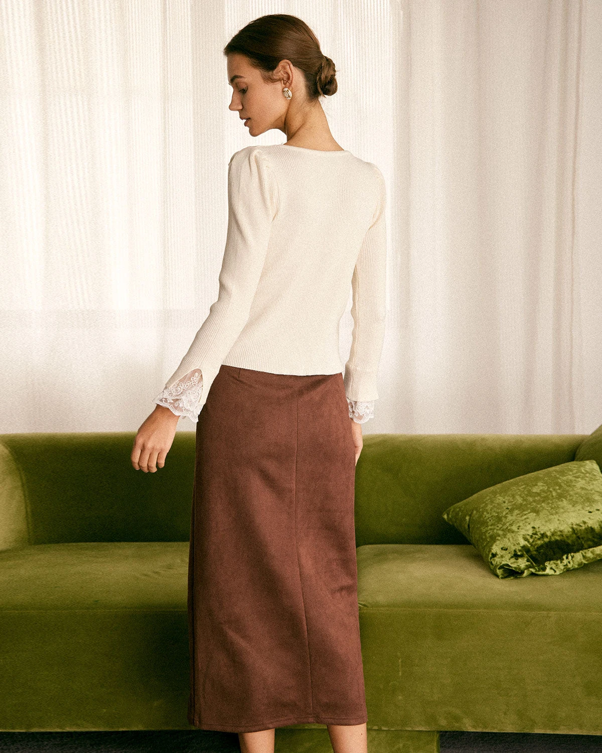 The Coffee High Waisted Suede Slit Midi Skirt 5 The Coffee High Waisted Suede Slit Midi Skirt - Image 5