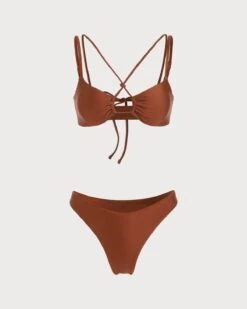 The Coffee Criss-Cross Bikini Set -Outlet Dress Mix Up Store the coffee solid criss cross bikini set coffee bikinis tdrfvw 109027