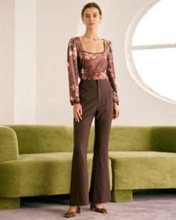 The Coffee Zip Fly High-waisted Flare Pants -Outlet Dress Mix Up Store the coffee solid flare pants bottoms yi1xr1