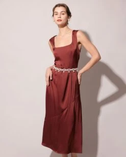 The Coffee Square Neck Sleeveless Satin Midi Dress -Outlet Dress Mix Up Store the coffee square collar satin maxi dress coffee dresses g3jv3d 206974