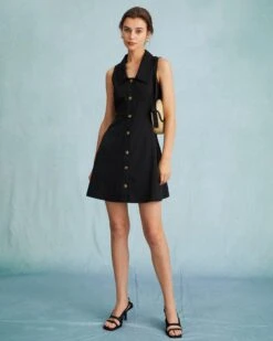 The Black Collared Sleeveless A Line Shirt Mini Dress -Outlet Dress Mix Up Store the collared sleeveless shirt dress black dresses fzcewc 229706