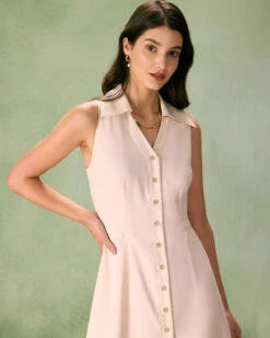 The Beige Collared Sleeveless Shirt Midi Dress -Outlet Dress Mix Up Store the collared sleeveless shirt dress dresses 2vrlpf