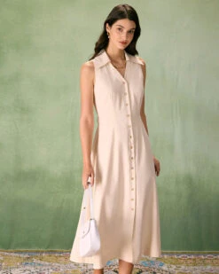 The Beige Collared Sleeveless Shirt Midi Dress -Outlet Dress Mix Up Store the collared sleeveless shirt dress dresses agfb7a