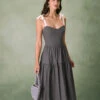 The Grey Tiered Cotton Linen Midi Dress