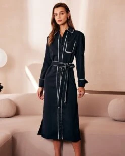The Black Contrast Belted Shirt Midi Dress -Outlet Dress Mix Up Store the contrast trim belted shirt dress black dresses asvz6a 430753