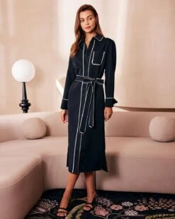 The Black Contrast Belted Shirt Midi Dress -Outlet Dress Mix Up Store the contrast trim belted shirt dress dresses 2iriqv 267787
