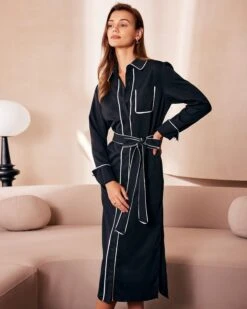 The Black Contrast Belted Shirt Midi Dress -Outlet Dress Mix Up Store the contrast trim belted shirt dress dresses zxmdgx 558542