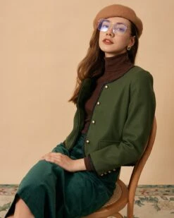 The Green Round Neck Button-up Jacket -Outlet Dress Mix Up Store the contrast trim flap detail jacket outerwear 6fb6wh