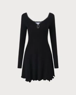 The Black Contrast Trim A-Line Knit Mini Dress -Outlet Dress Mix Up Store the contrast trim knitted dress dresses 4yooll