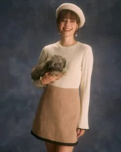 The Apricot Contrast Trim Pointelle Knit Top -Outlet Dress Mix Up Store the contrast trim knitted top tops 87y1z3