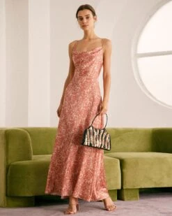 The Light Orange Cowl Neck Floral Maxi Dress -Outlet Dress Mix Up Store the cowl neck floral maxi dress light orange dresses 3tmqy3