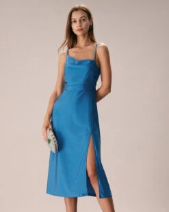 The Blue Cowl Neck Ruched Slip Midi Dress