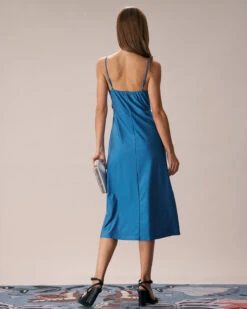 The Blue Cowl Neck Ruched Slip Midi Dress -Outlet Dress Mix Up Store the cowl neck ruched dress dresses aotdkl