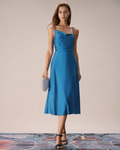 The Blue Cowl Neck Ruched Slip Midi Dress -Outlet Dress Mix Up Store the cowl neck ruched dress dresses k0g6di