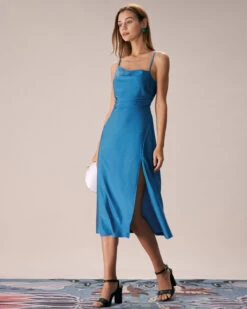 The Blue Cowl Neck Ruched Slip Midi Dress -Outlet Dress Mix Up Store the cowl neck ruched dress dresses wywzjs