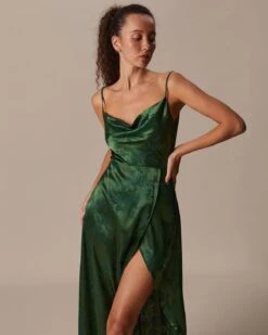 The Green Cowl Neck Jacquard Satin Maxi Dress -Outlet Dress Mix Up Store the cowl neck satin jacquard dress dresses vwg2j4 529478
