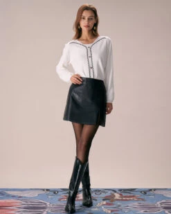 The Apricot Crew Neck Embroidery Knit Top -Outlet Dress Mix Up Store the crew neck buttoned knit top tops lle7fp