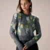 The Grey Crew Neck Floral Printed Knit Top