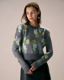 The Grey Crew Neck Floral Printed Knit Top