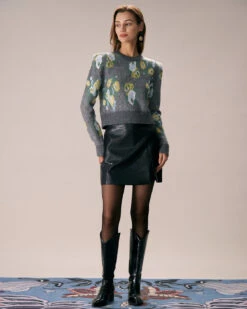 The Grey Crew Neck Floral Printed Knit Top -Outlet Dress Mix Up Store the crew neck printed top tops 36uovu