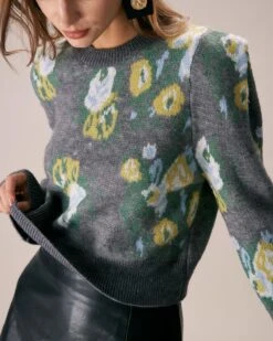 The Grey Crew Neck Floral Printed Knit Top -Outlet Dress Mix Up Store the crew neck printed top tops p5fsh9