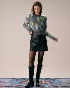 The Grey Crew Neck Floral Printed Knit Top -Outlet Dress Mix Up Store the crew neck printed top tops zutuwn