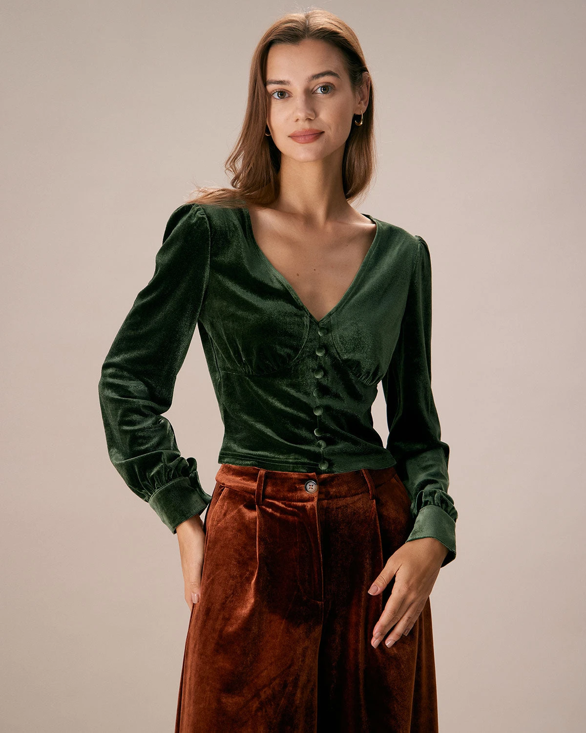 The Dark Green V Neck Button Velvet Blouse 1 The Dark Green V Neck Button Velvet Blouse
