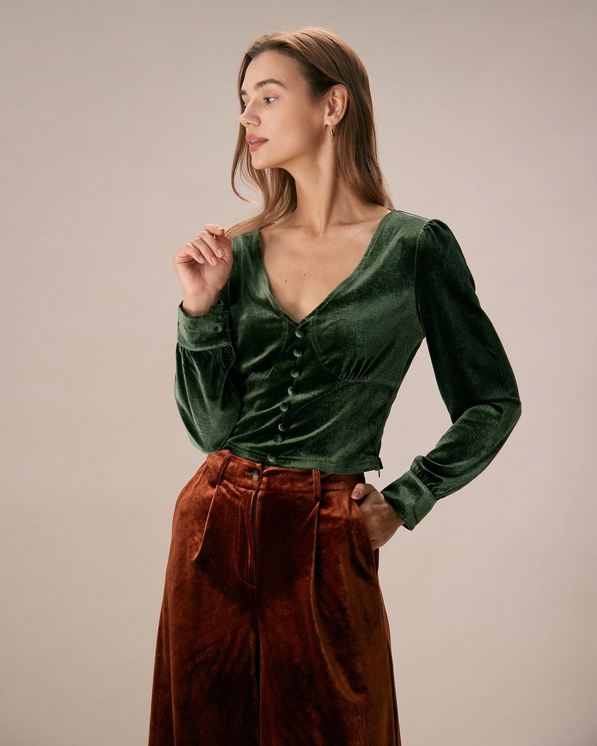 The Dark Green V Neck Button Velvet Blouse 3 The Dark Green V Neck Button Velvet Blouse - Image 3