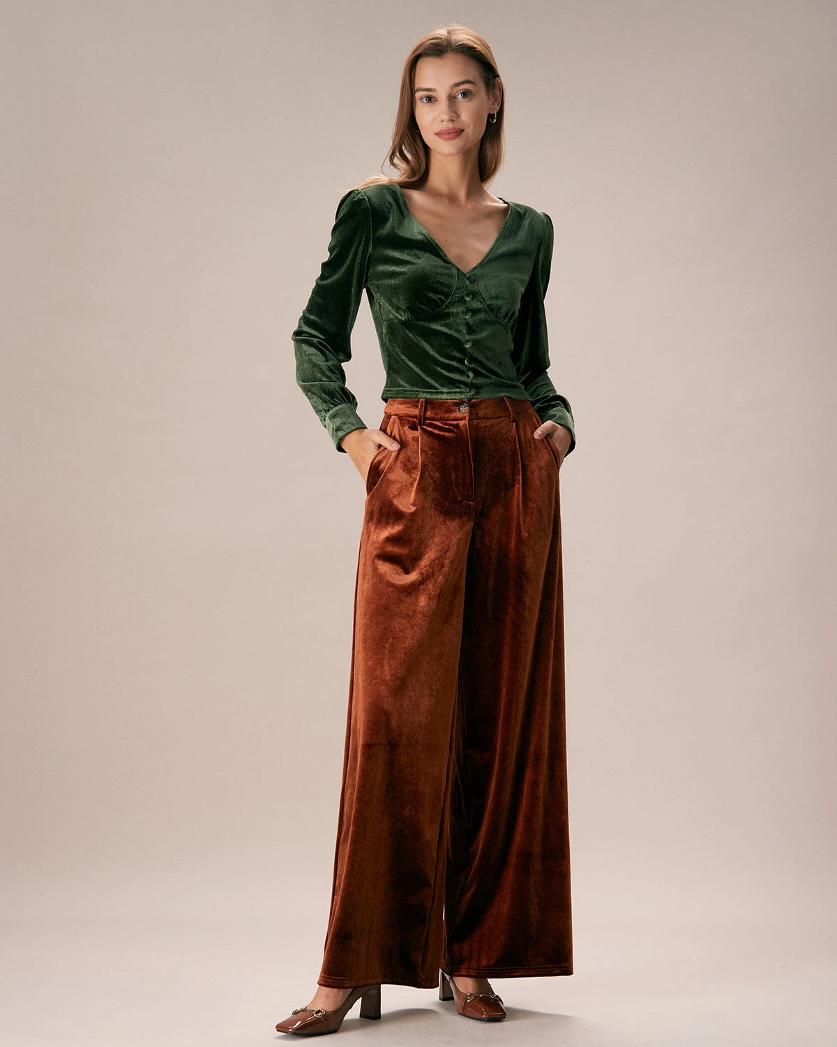 The Dark Green V Neck Button Velvet Blouse 5 The Dark Green V Neck Button Velvet Blouse - Image 5