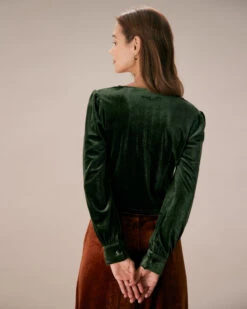 The Dark Green V Neck Button Velvet Blouse 11 The Dark Green V Neck Button Velvet Blouse -Outlet Dress Mix Up Store the dark green v neck velvet blouse tops tqcat8