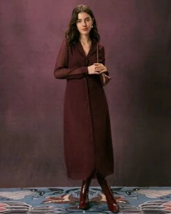 The Dark Red Lapel Dobby Mesh Maxi Dress -Outlet Dress Mix Up Store the dark red lapel dobby mesh dress dresses quzoq2 884754