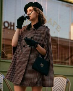The Double-breasted Plaid Cape Coat