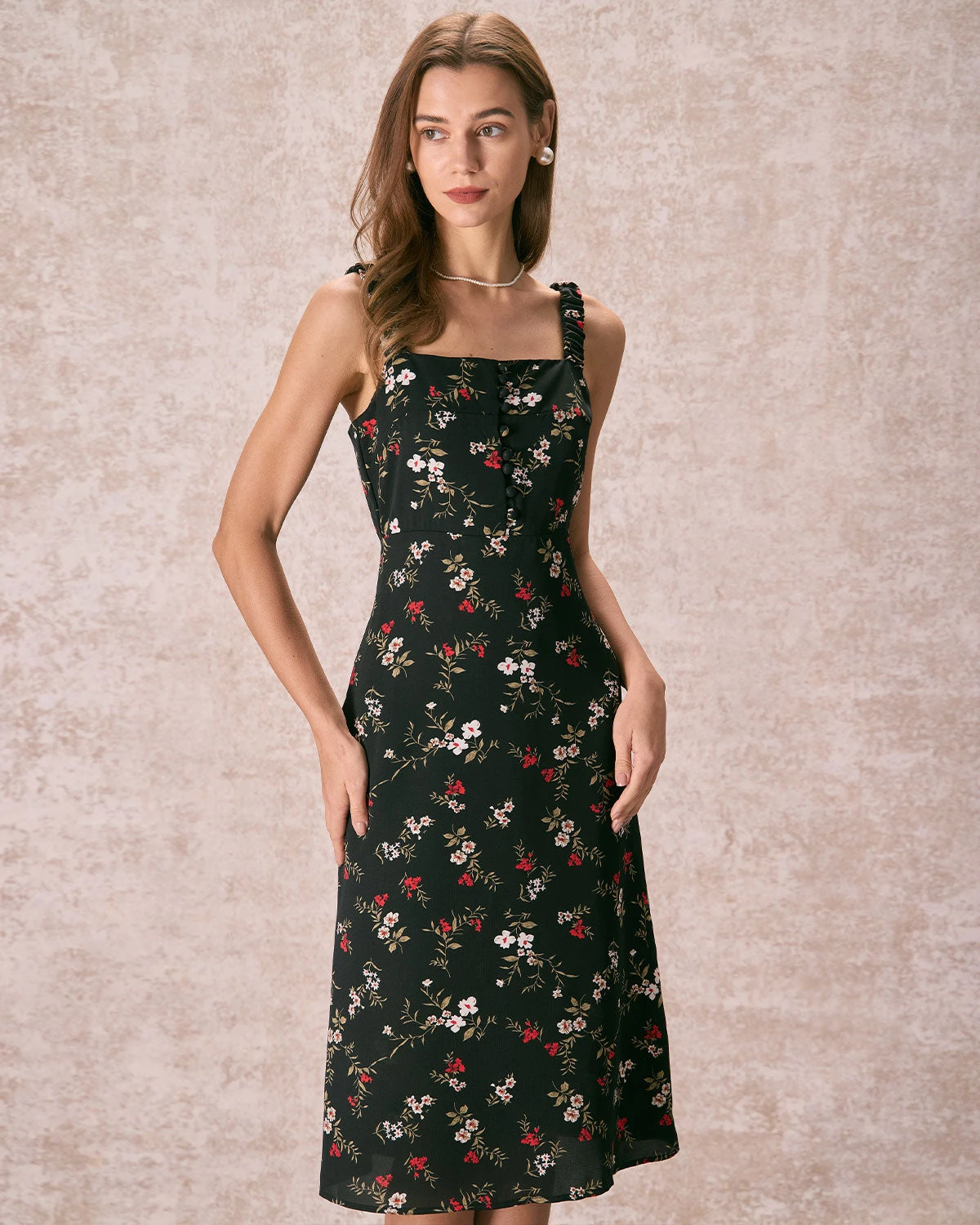 The Black Elasticized Straps Floral Midi Dress 1 The Black Elasticized Straps Floral Midi Dress